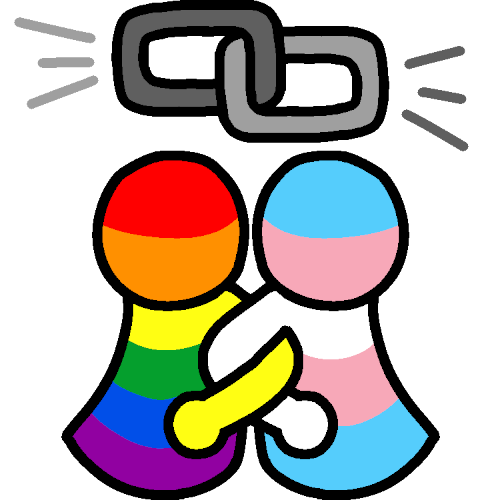  two people standing back to back with linked arms. one is colored in with the rainbow flag and the other with the trans flag. above them are two metal chains linked together with emphasis lines. the image is unshaded.